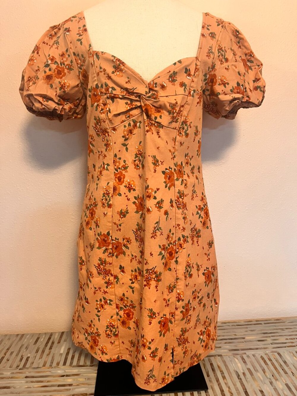 Trixxi Cottagecore Peach Floral Sweetheart Knot Puff Sleeve Mini Dress Women XL - Picture 3 of 9